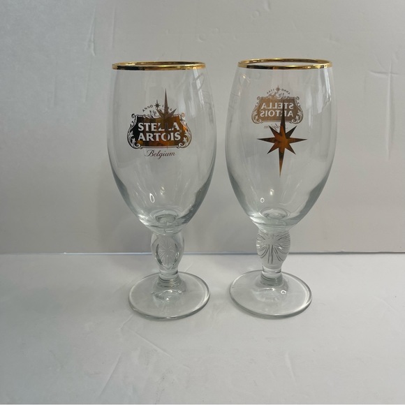 Stella Artois Belgium Beer Glasses Chalice 40CL Set of 2 Gold Rim - Picture 11 of 15